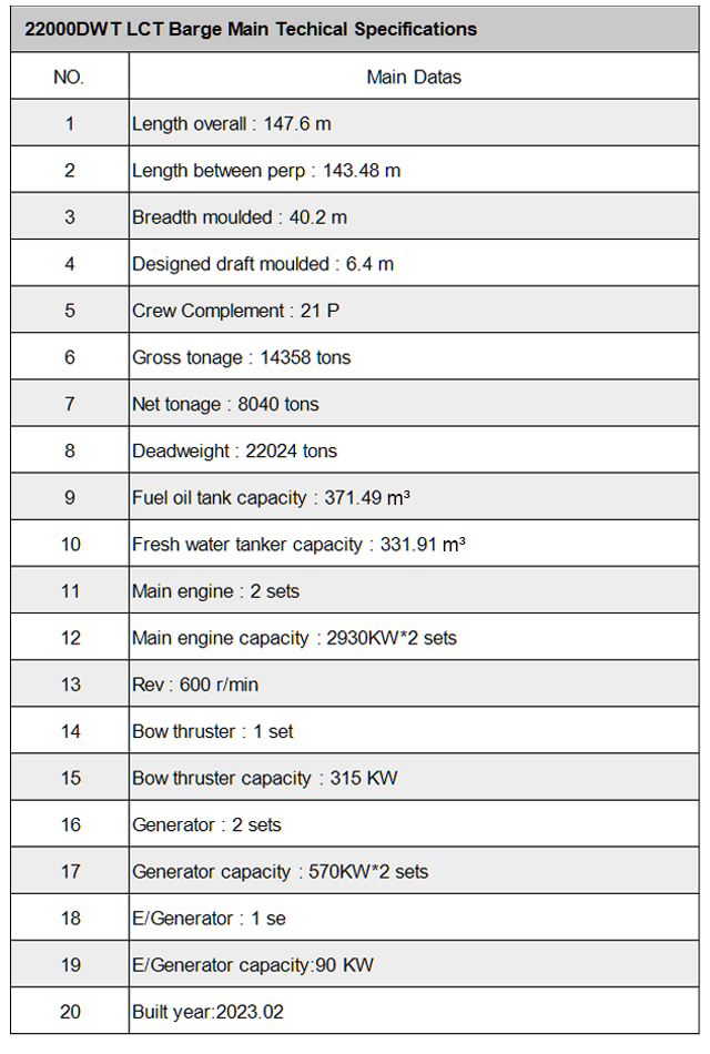 01.22000DWT LCT Barge Wichtigste technische Spezifikationen